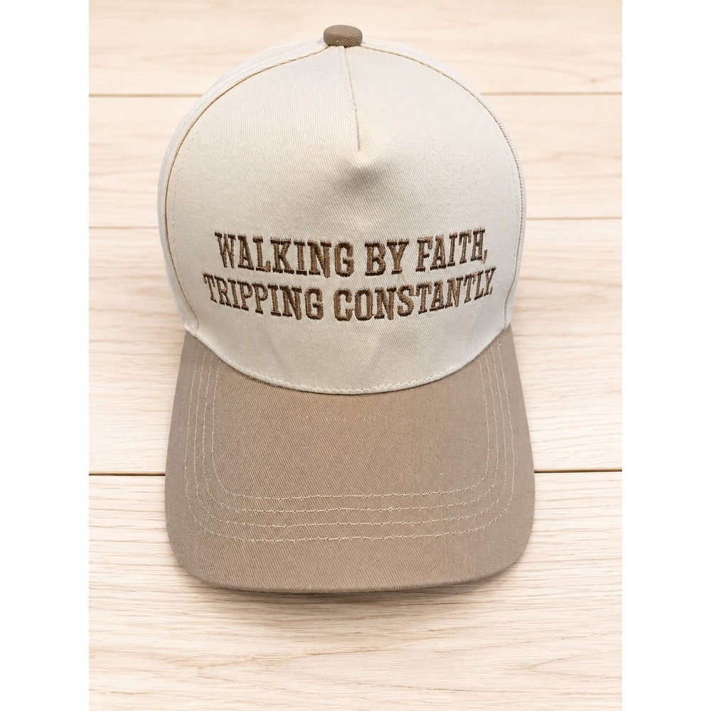 Zenana Walking By Faith Tripping Constantly Hat Cream Tan Embroidered Cap New